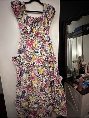 Astr Floral Tiered Maxi Dress in White with Pink, Yellow & Purple Blooms